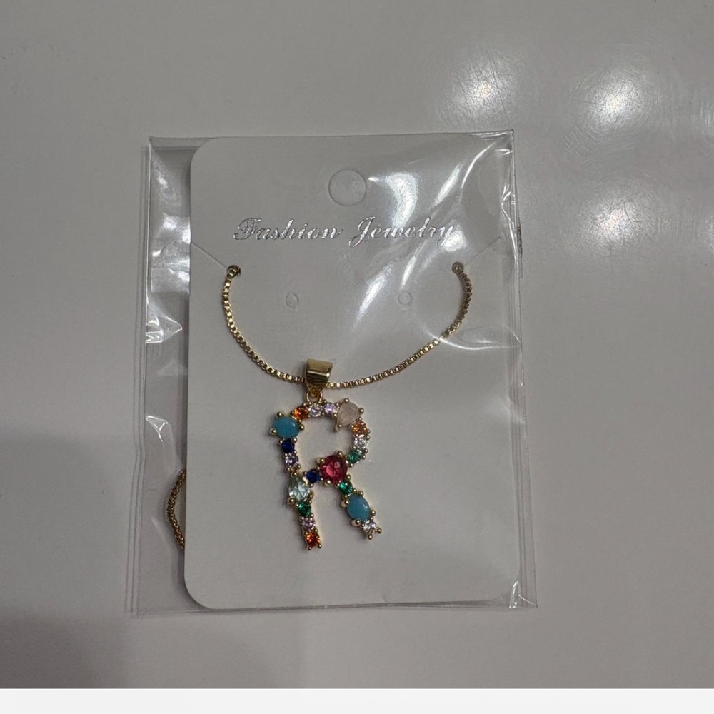 Gold Rainbow Zirconia Letter "R" Initial Necklace | Dainty Personalized Gift